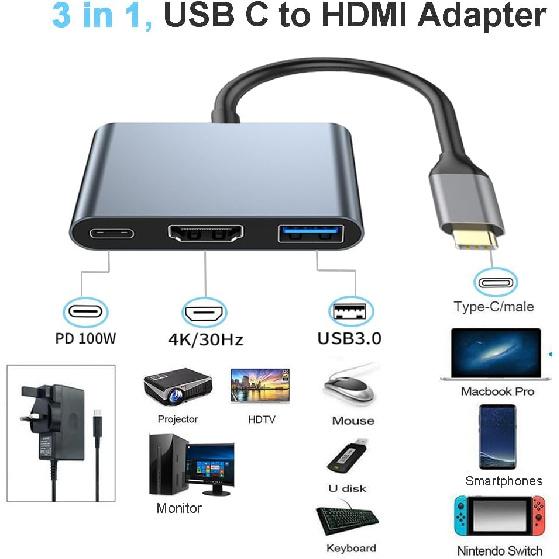 USB C to 4K HDMI Multiport Adapter, USB C Hub with 4K HDMI USB 3.0 100W PD Charging for Mac, Type-C Digital AV Multiport Adapter Converter for