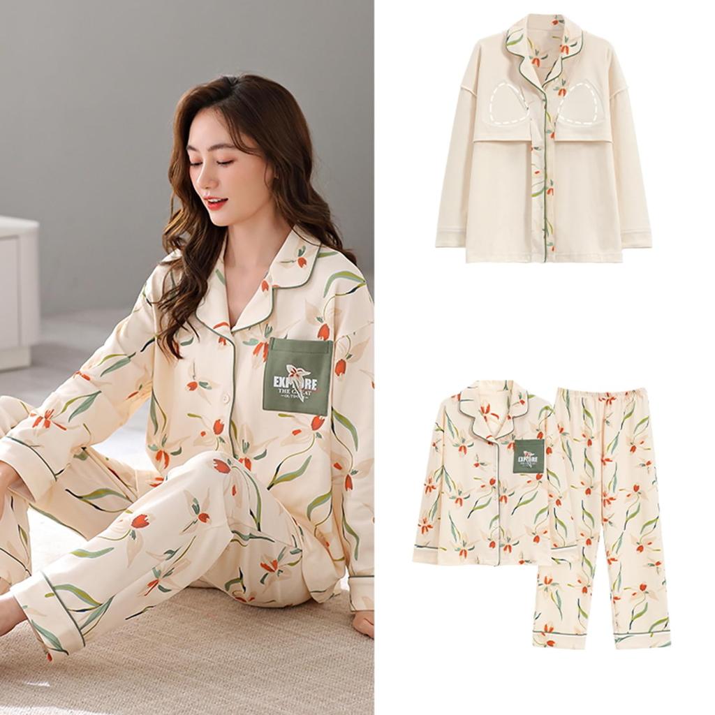Kyonuza Cute Long Comfortable Relaxed School Size Women's Pajamas, 100% Cotton, Padded, Skin-Friendly, Open-Front, Loungewear, Spring/Autumn, Sleeves,