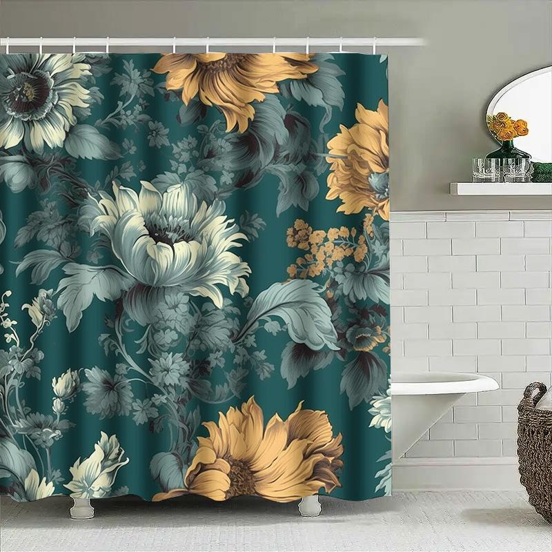 Vintage Sunflower Printed Waterproof Bathroom Shower Curtain For Home Decor Green Floral Design Fabric Waterproof Bath Mat With