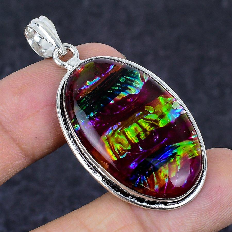 Natural Dichroic Glass Gemstone 925 Sterling Silver Jewelry Pendant 2.05" N8E55