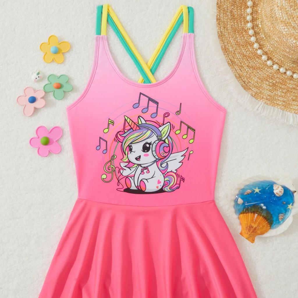2025NEW Cute Pony Print One-Piece Swimsuit for Kids – Cartoon Princess Hot Spring Swimwear