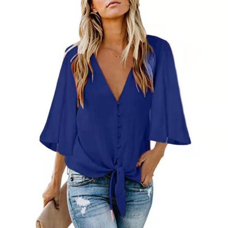 Summer Loose Fit V Neck Button Placket Lace Up Shirt Women Half Sleeve Commuting Style Top Solid Color S темно-синий