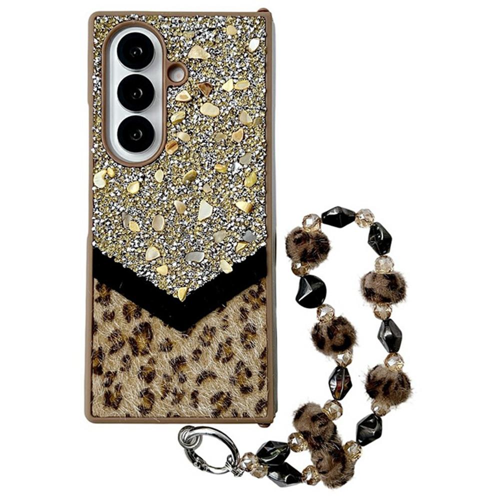 For Samsung Galaxy Z Fold7 5G Case Stone Decor Glitter Leopard Splicing Plush PC Phone Cover with Hand Chain
