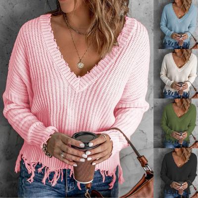 Women Loose Casual V Neck Pullover Hem Fringe Solid Color Knit Sweater