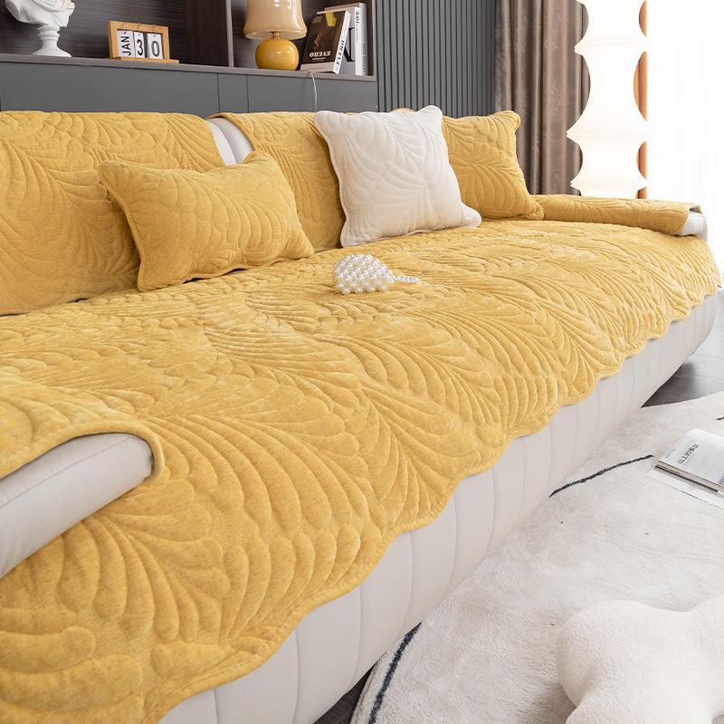 Nordic Style Thick Sofa Cushion Quilted Sofa Towel Anti Slip Dirt Resistant Cat Scratch Resistant Couch Mat Banana Leaf Pattern Slipcover 1PCS