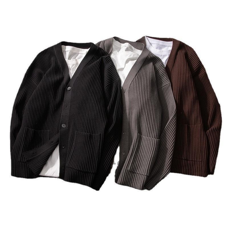 New Autumn V-neck Solid Color Knitted Cardigan Korean Version Knitted Top Slim Sweater Coat Men's Cardigan