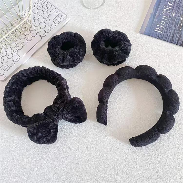 Solid Color Cloud Hair Band Set 4pcs Spa Headband and Wristband with Sponge Makeup Fashionable Hair Accessories