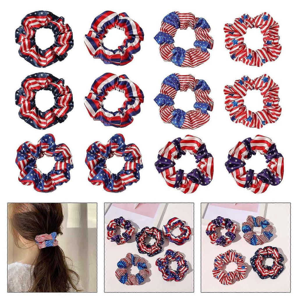 12 Pcs Hair Scrunchies for Women Girls Hair Bobbles American Flag Hair Ties Ponytail Holders Patriotic Elastic Hair Band