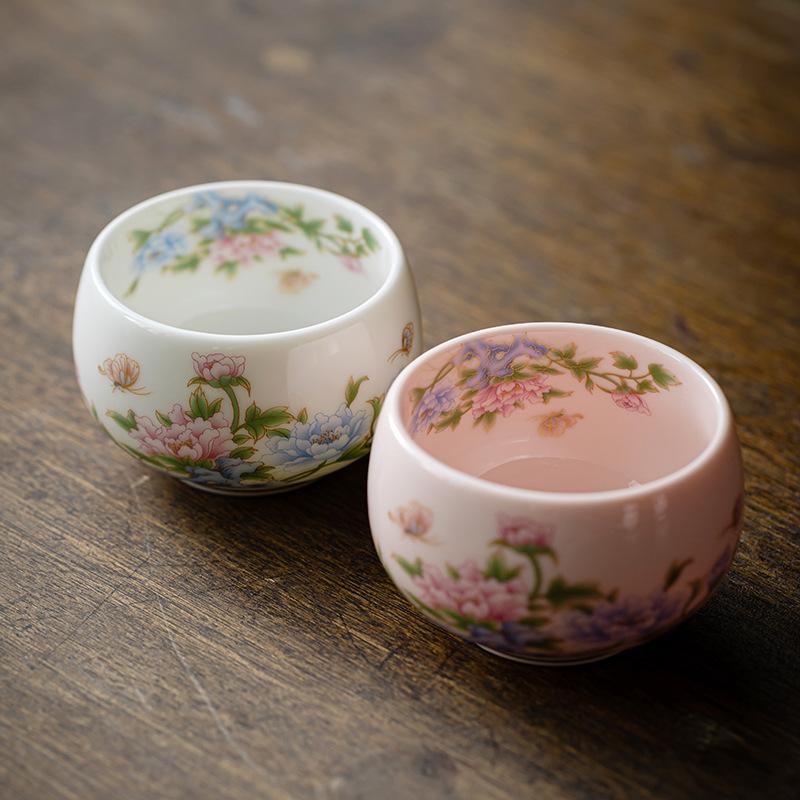 Hand Painted Peony Luohan Ceramic Master Cup Mutton Fat Jade Porcelain Chinese Gongfu Teaware Personal Luxury Gift