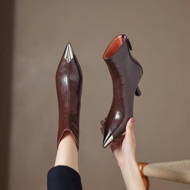French Retro Western Booties Women's Single Boots Metal Toe Pointed Toe Stiletto Heel Versatile Skinny Fashion