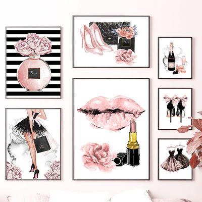 Mädchen Parfüm Blumen Lippenstift High Heels Wand Kunst Leinwand Malerei Nordic Poster Und Drucke Wand Bilder Für Shop Room Decor
