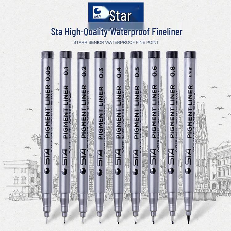 Sta 8050 Černá tenká linka Sada uměleckých per - Na vodní bázi 0,05-0,8 mm Obrysová/ Kreslicí fix