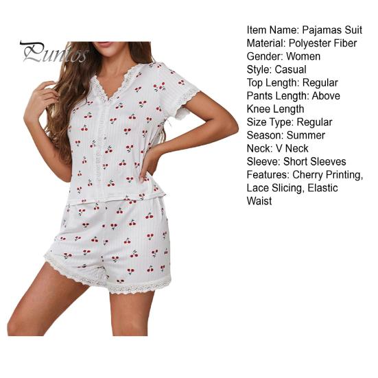 2-teiliges Pyjama-Set mit Spitze, V-Ausschnitt, kurzärmeligem Oberteil und Kirschdruck, bequemes Homewear-Outfit, lässiges Oberteil und Shorts, Nachtwäsche-Set