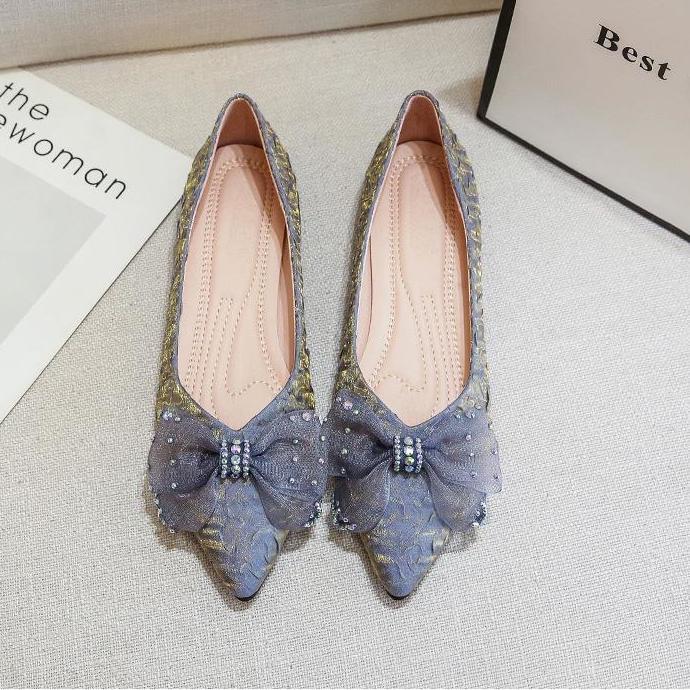 Fashion Rhinestone With Bow Pointed Toe Shoes for Women Spring and Autumn Slip-on Woman Flats Cheap Promotion Trend Elegant Dress Shoe