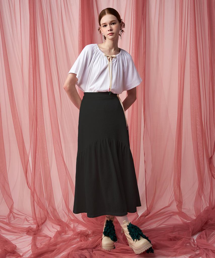 Pelimela Seersucker Flare Long Skirt (Black)