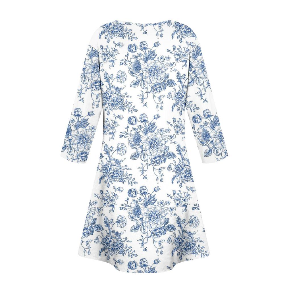 Women's Summer Dress Loose V Neck Three-quarter Sleeve Sundress With Pockets Dress