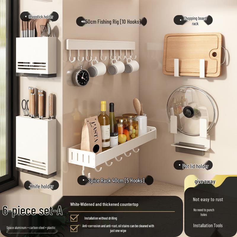 White Wall-Mounted Kitchen Rack: No-Drill Seasoning, Knife, and Chopsticks Organizer