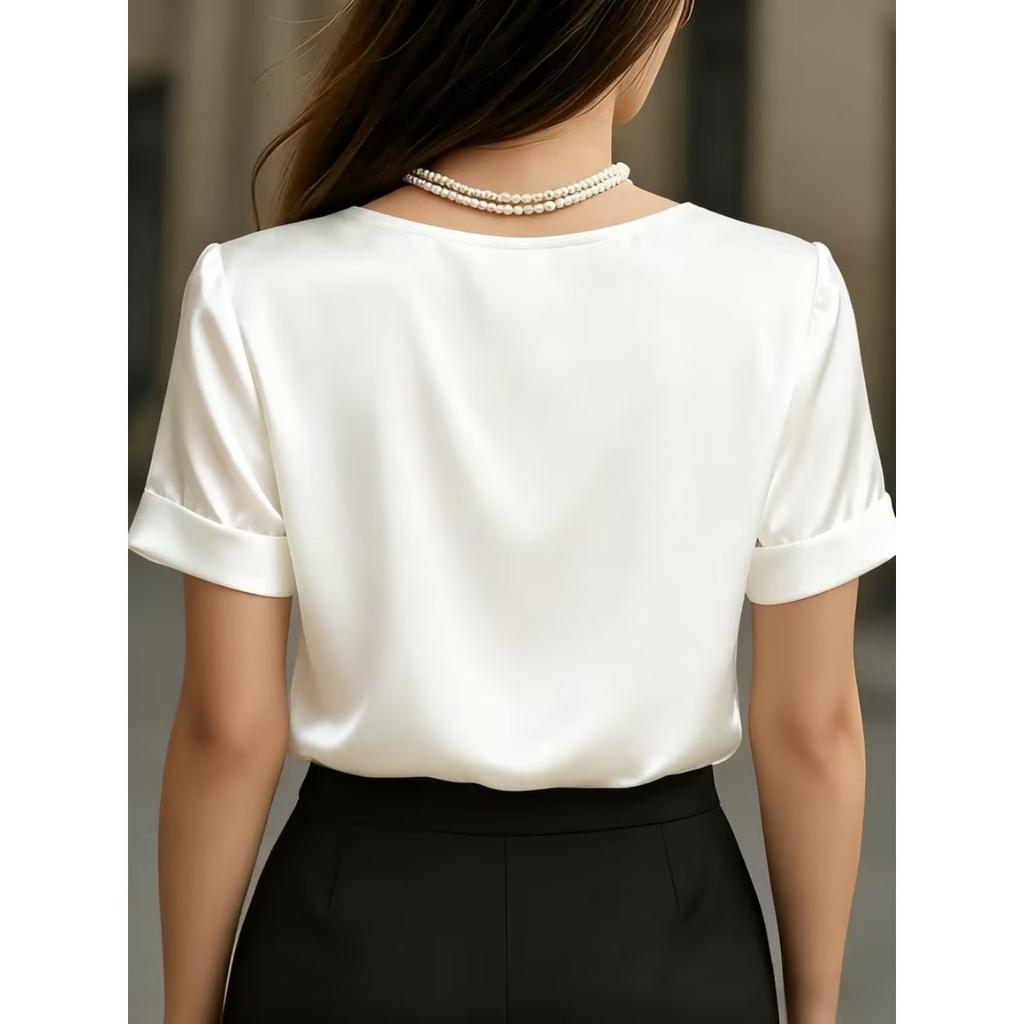 2026 New Women's V-neck Ruched Short Sleeve Elegant Fashion T-shirt Blouse, Casual Daily Top for Women European American Style