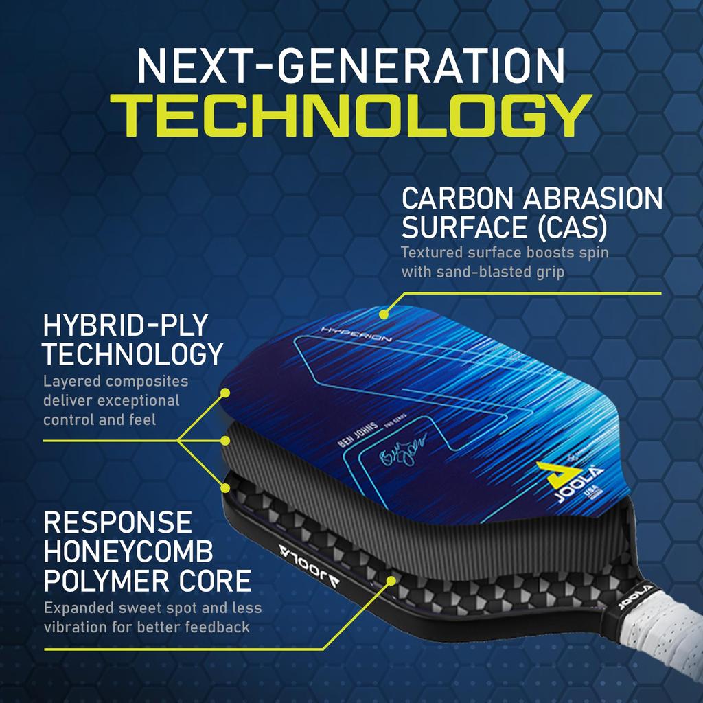 JOOLA Ben Johns Hyperion CAS 16 Pickleball Paddle Carbon Wear High Grit Long Slender Handle for Secure Polypropylene Honeycomb USAPA Approved -