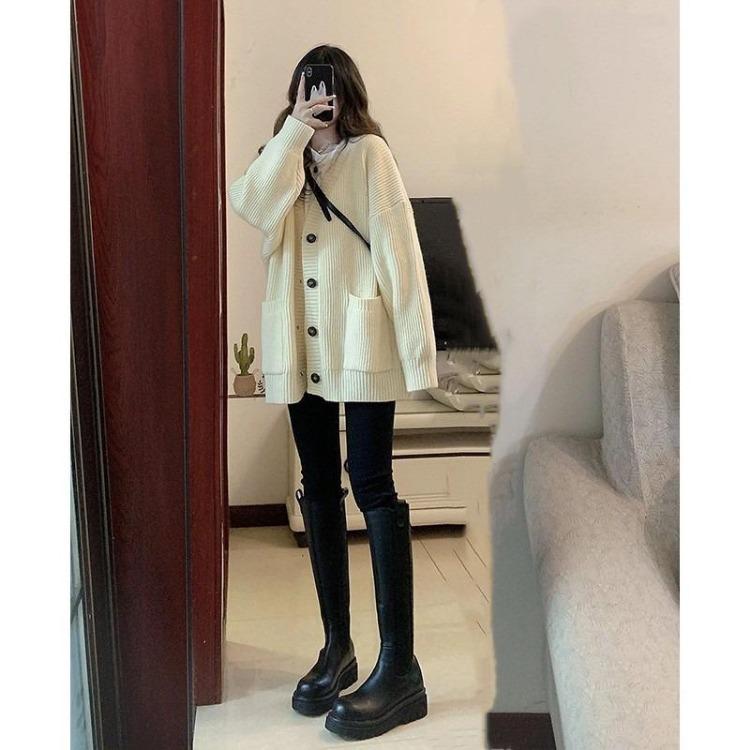 

New Korean Cardigans for Women Loose Fit V Neck Knit Sweater Fashion Tops Coat Lazy Wind Knitwear XXXL бежевий