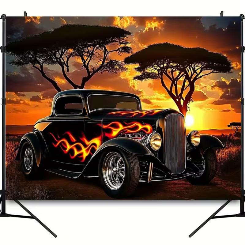 Stylish Old Car Tapestry, Hot Rod with Flames at African Sunset Landscape Wall Art for Party Backdrop