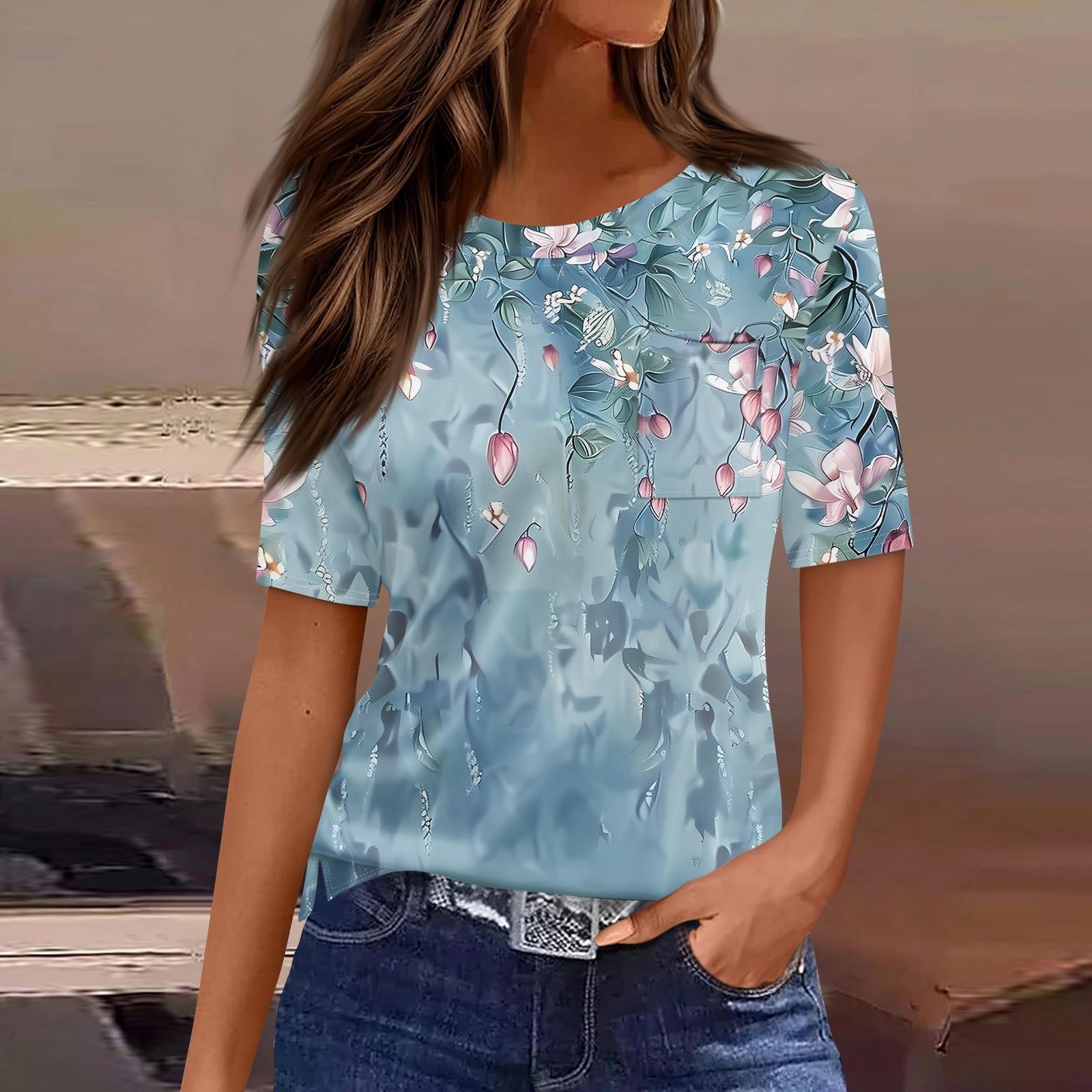 

Футболки для женщин с круглым вырезом, нарядные повседневные блузки с принтом, короткие рукава, летние топы свободного кроя XL циан