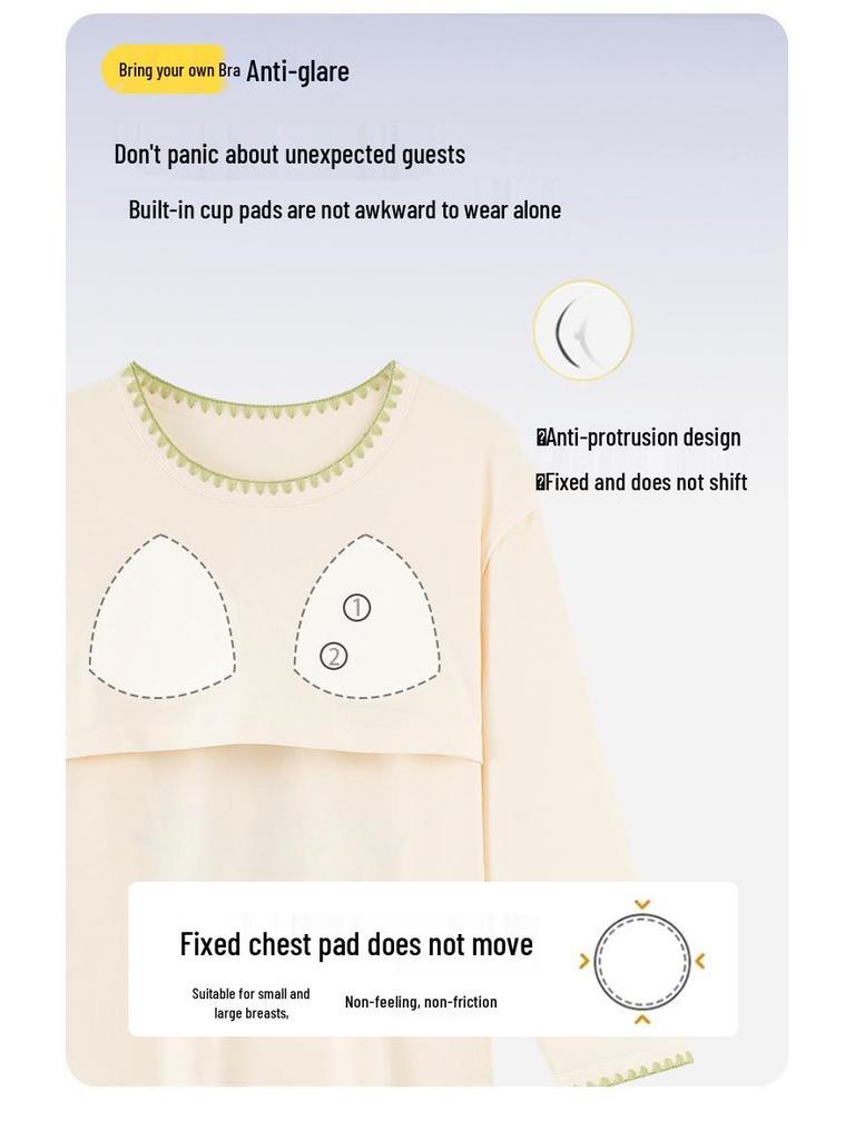 Piżama damska z długim rękawem i nadrukiem w kreskówkowe wzory, z wkładką na klatkę piersiową – uroczy komplet z okrągłym dekoltem do noszenia w domu lub na okrycia wierzchnie wiosną, jesienią i zimą