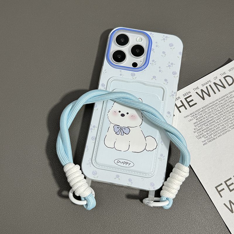 Cute Cartoon Dog Cat Phone Case with Lanyard Card Slot for iPhone 15 14 13 Pro Max Shockproof Cover