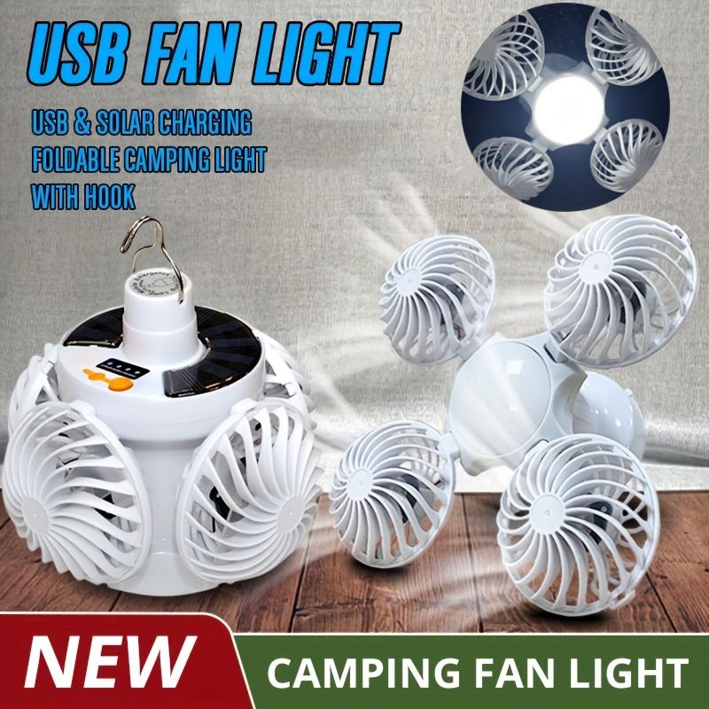Solar Camping Fan,Light with Ceiling Fan, USB Rechargeable Portable Electric Fan, Hangable Handheld Light with Adjustable Speed,3 Colors, Tent,