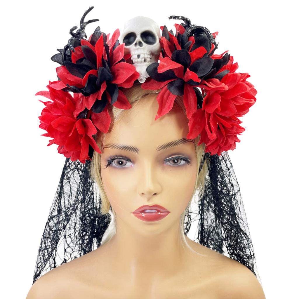 Halloween Theme Headband Day of The Dead Skull Flower Veil Hairband Cosplay Costume Headpiece Adult Festival Hair Decors