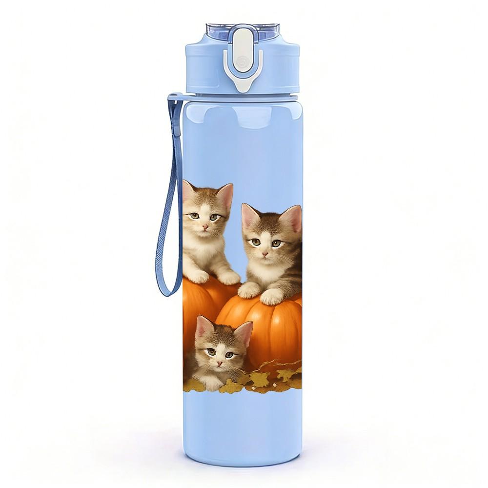 1PC Kitten Pumpkin Autumn 750ml Color Plastic Sports Water Bottle Leakproof Flip Straw Lid Suitable for Sports Office Home Use