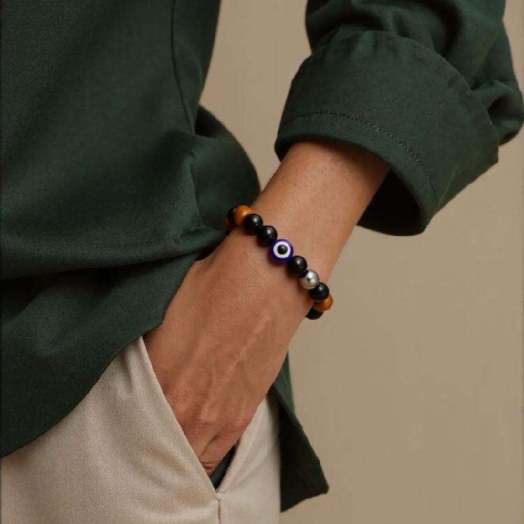 Unisex Adjustable Tigers Eye Obsidians Bracelet Handmade Stretchable Stone Bead Jewelry