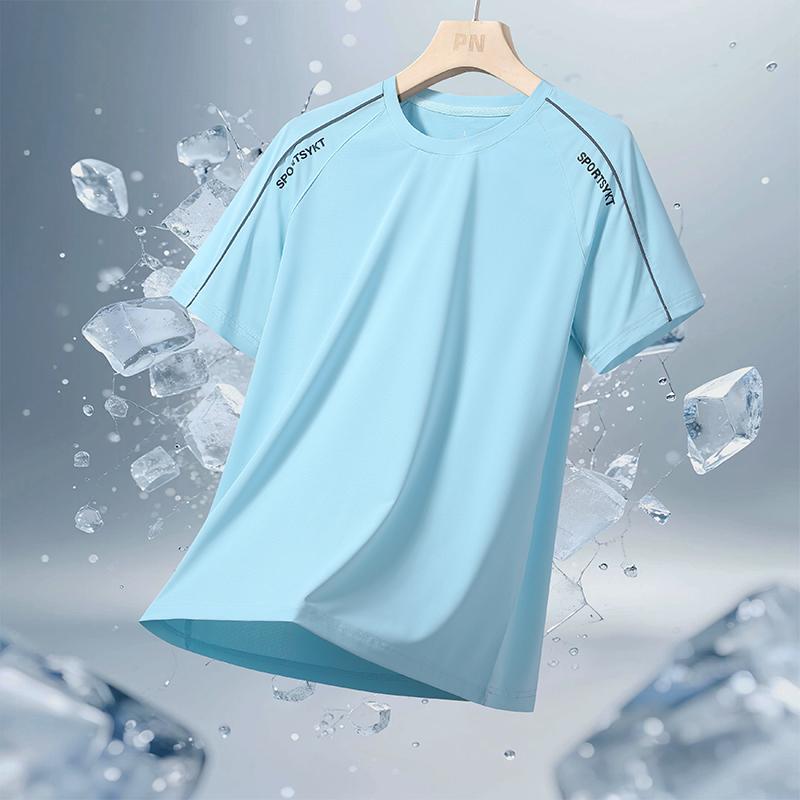 Ice silk short T-shirt men s fitness ice silk half-sleeve men s breathable mesh sports short-sleeved breathable sweat-wicking T-shirt 2XL светло-синий