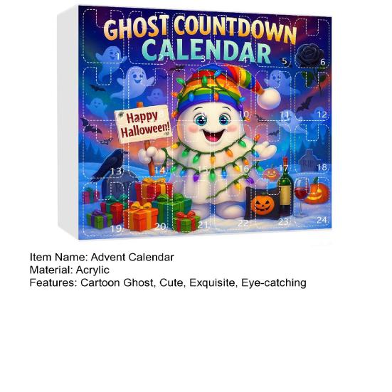 2025 Halloweenský Duch Adventní Kalendář 2D Akrylová Kreslená Sada Ozdob Duchů 24 Dní Roztomilá Duch Počítadlo Dekorace pro Domácí Oslavy