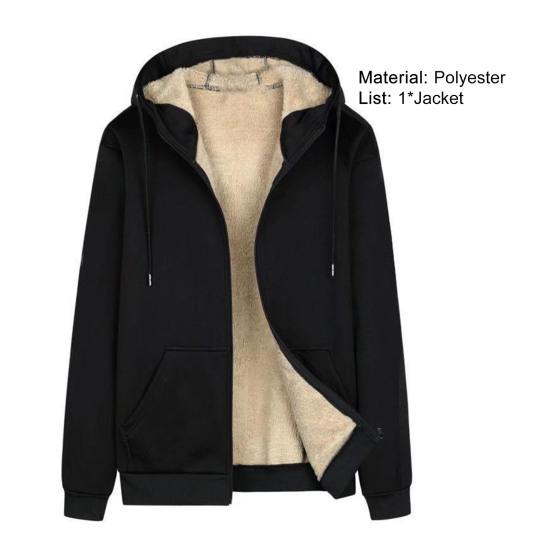 Men Hoodie Coat Solid Color Hooded Thicken Plush Winter Jacket for Daily Wear