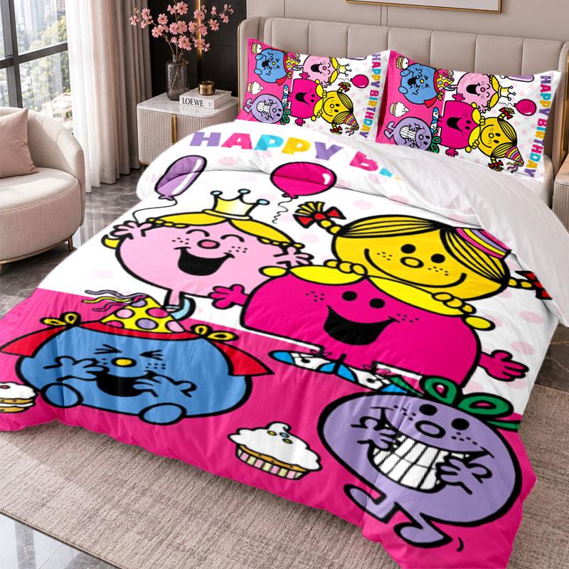 Mr. Men & Little Miss 3Pcs Bedding Set Duvet Cover With Two Pillowcases For Bedroom Home Decoration
