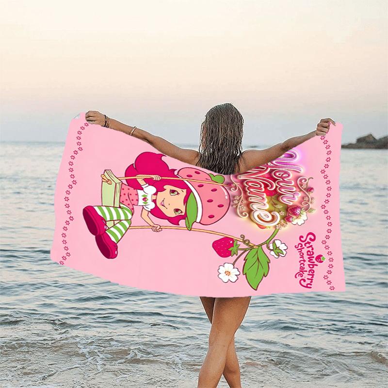 1pc Princess Strawberry Beach Towel with Custom Name, Beach and Seaside Swimming Pool Equipment, Fashion Pattern, Rectangular, Travel Essential