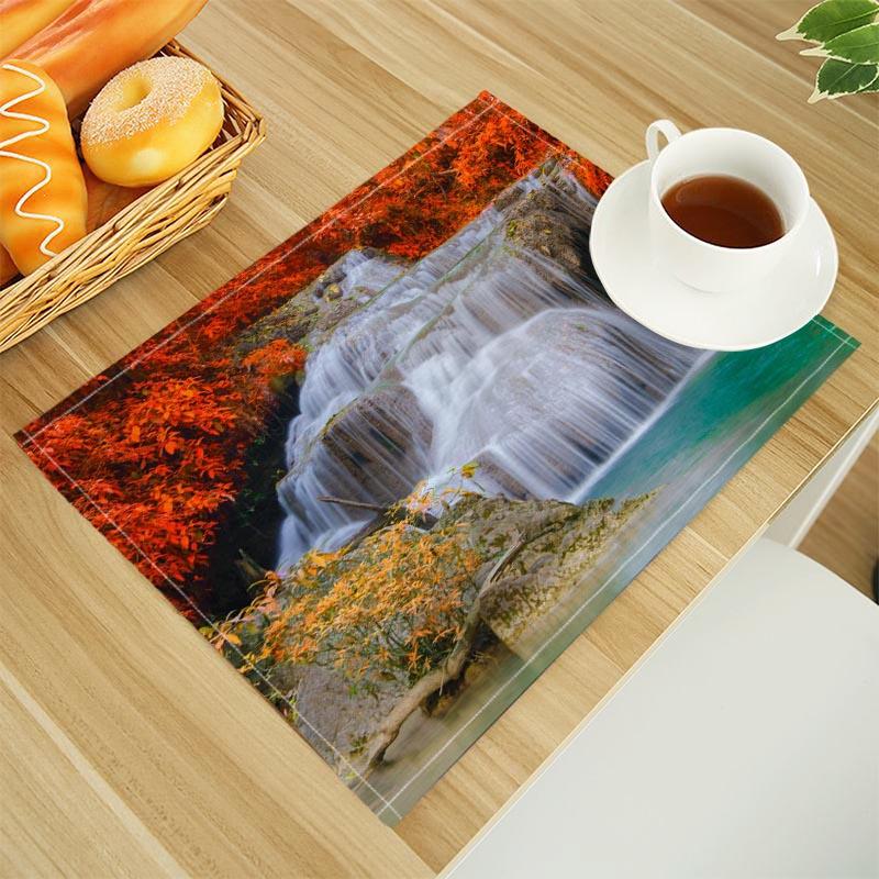 Natural Waterfall Print Linen Dining Table Mats Alphabet Kitchen Placemat 30X45cm Coasters Pads Bowl Cup Mat