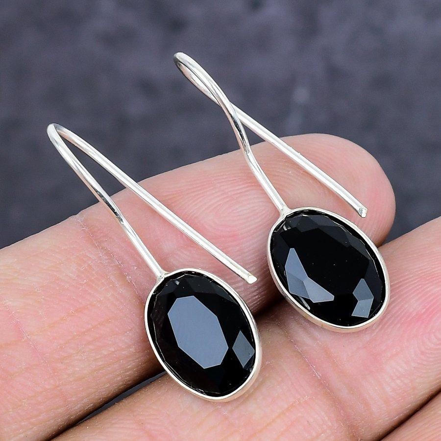 Natural Black Spinel Gemstone 925 Sterling Silver Jewelry Earring 1.26" ETC-14098