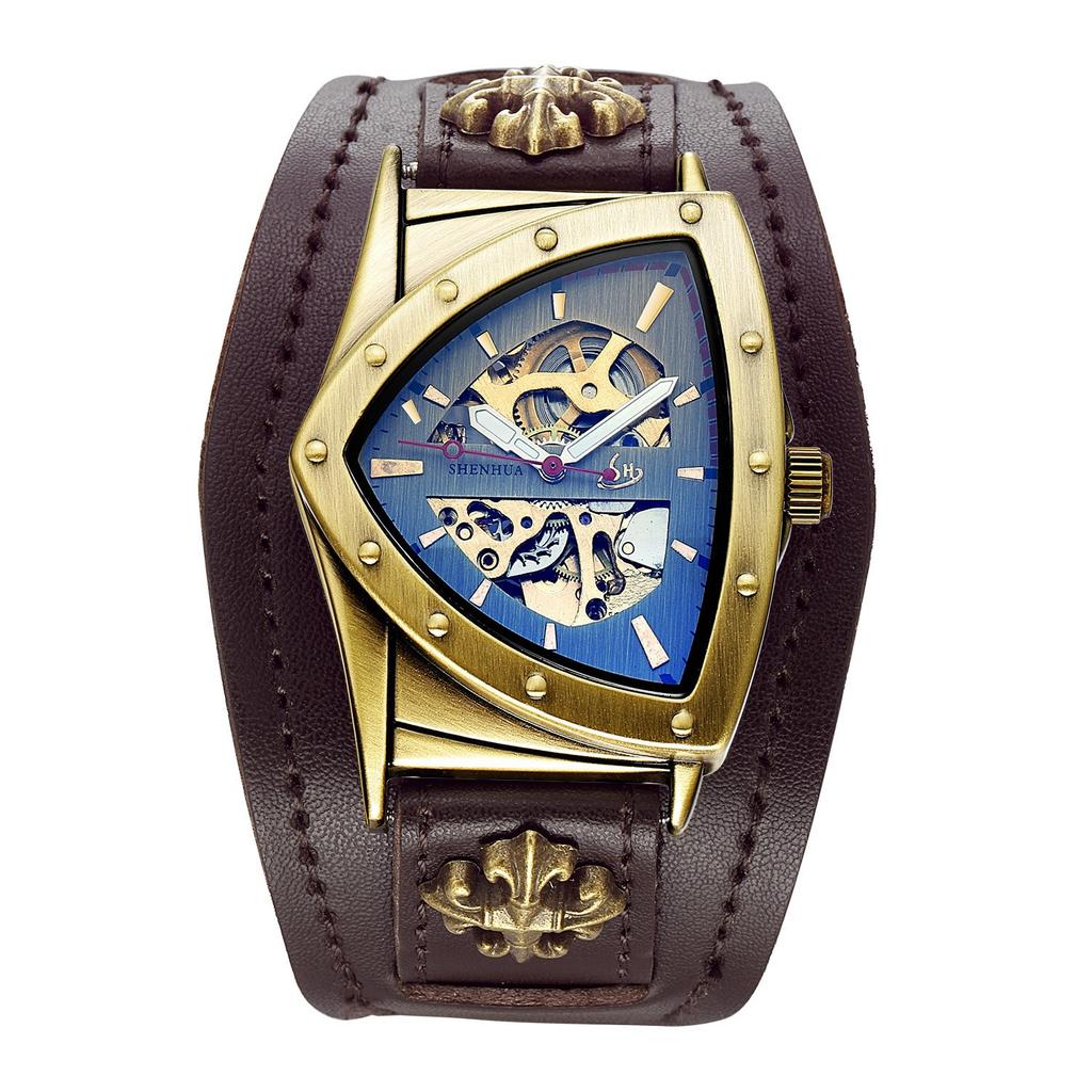 Shenhua Belt Rivet Buckle Men'S Barrel Shaped Hollow Skull Tourbillon Automatic Mechanical Watch