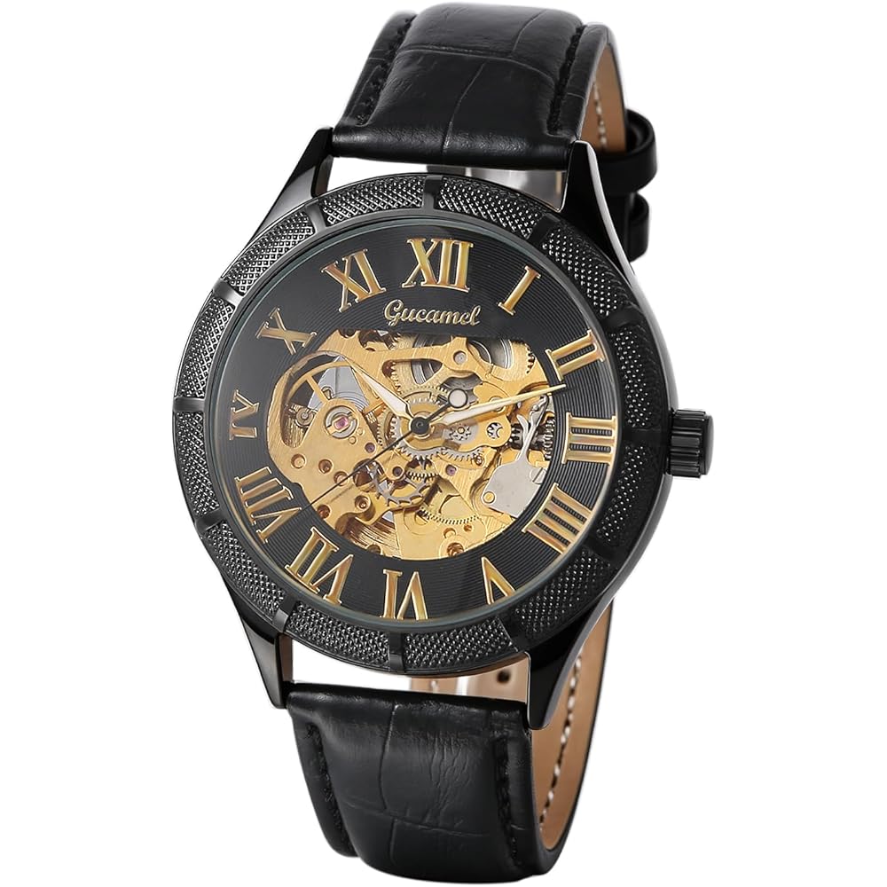 Men's Automatic Mechanical Watch Black Leather Strap Stainless Steel Luminous Roman Numerals Water Resistant Casual Wear