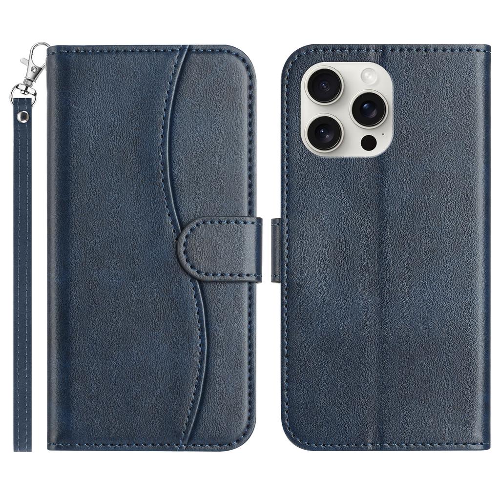 For iPhone 16 Pro Stand Case with Strap PU Leather Wallet Phone Cover S Shape Stitching Design