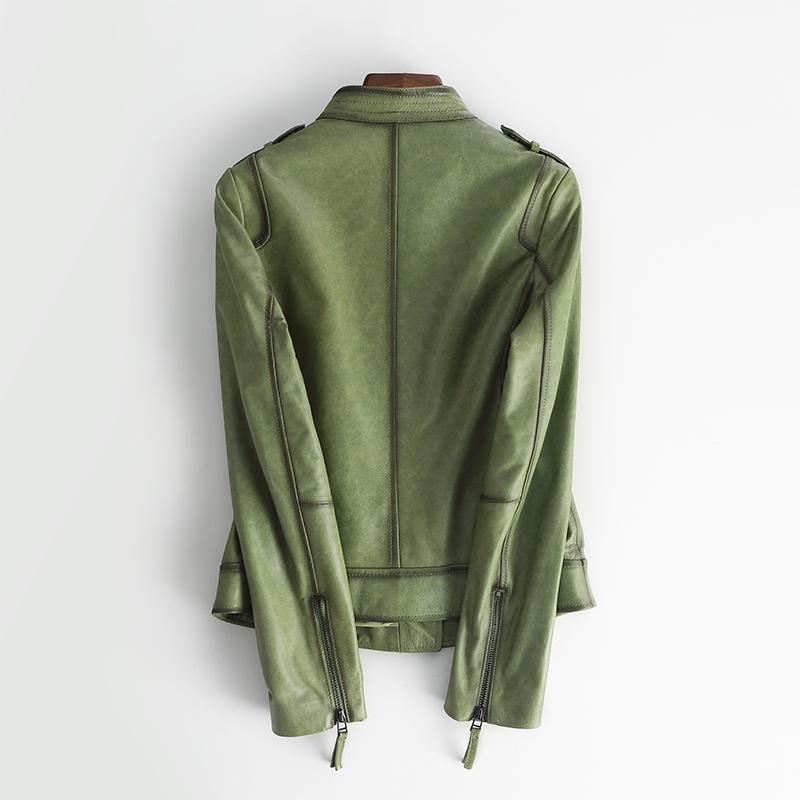 Genuine leather women's new jacket slim fit high street motorcycle stand collar short green jacket trendy