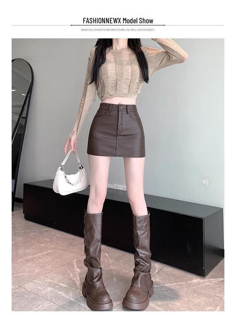 Women's 2024 PU Leather Black Midi Skirt - High Waist, Bodycon, A-Line, Sexy, Slimming, Autumn/Winter Collection