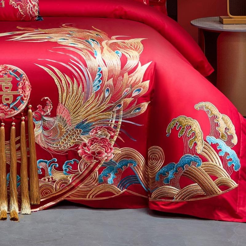 New Chinese style big red embroidery wedding quilt cover polished wedding room bedding wedding four-piece multi-piece set