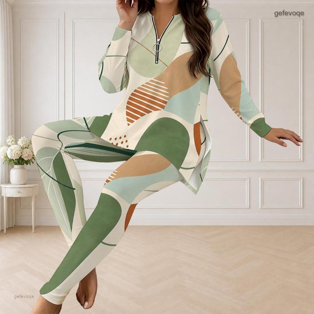 Women Plus Size Geometric Printed Half Zip Long Sleeve Longline Top Fitted Pants Two Piece Set