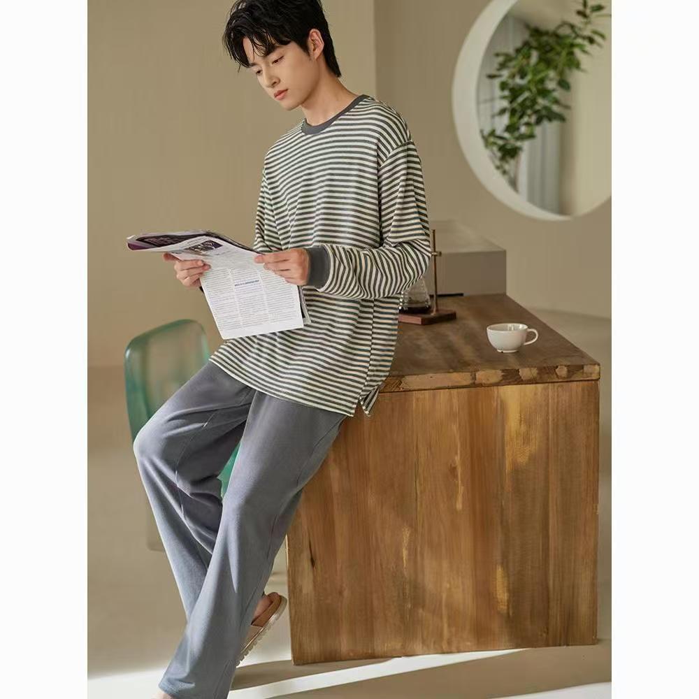 Herren Antibakterieller Langarm Pyjama Set - Rundhals, Lässig, Zweiteilig, für Frühling/Herbst/Winter.