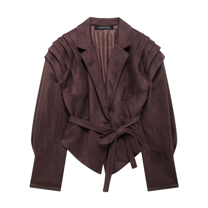 Kaslead New Arrival Women's Clothing Fashion Style Fashion Minimalist Waist Trimming Lace Up Suede Fabric Jacket Outwear