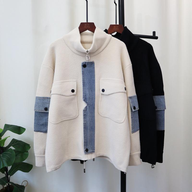 Autumn and winter new zipper denim splicing knitted double-sided woolen cardigan loose casual temperament sweater jacket women