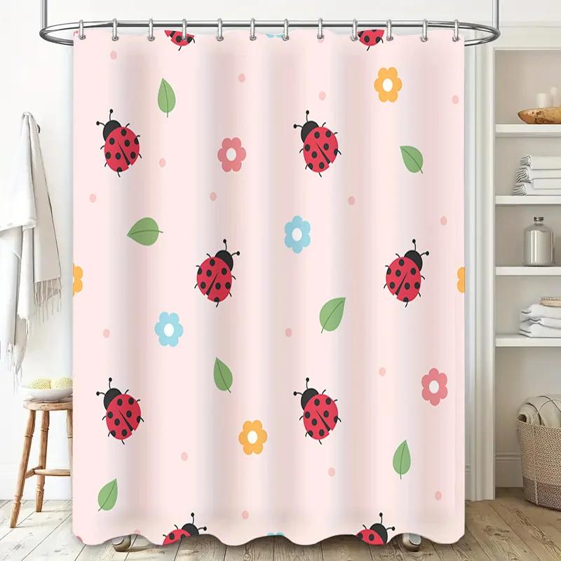 Bathroom Decor Shower Curtain Waterproof Fabric Cartoon Floral Fly Ladybug Print Home Decoration Pink (180cm)